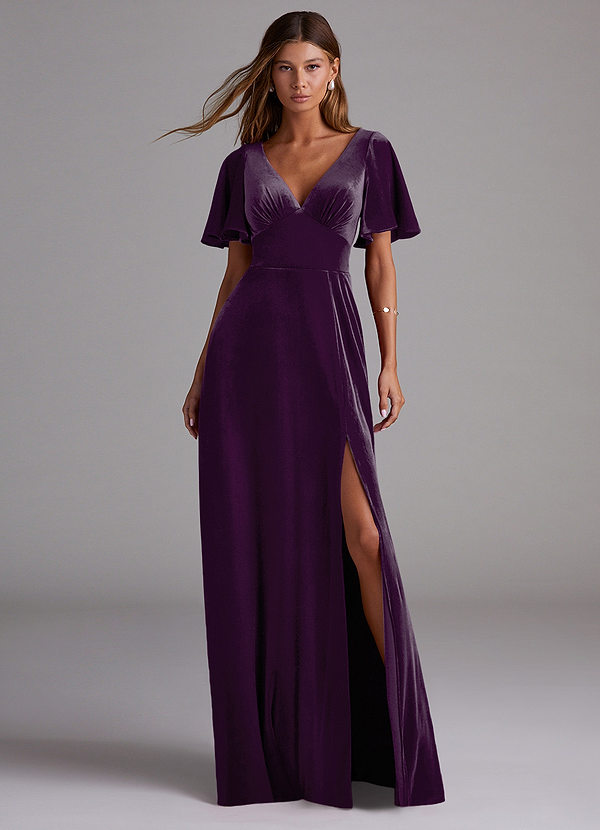 Azazie Kimber Bridesmaid Dresses Grape A-Line with Pockets Velvet Dress image1