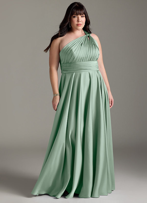 Azazie Charlize Robes Demoiselle d'honneur Robe Trapèze en Satin extensible Ue épaule Agave image1