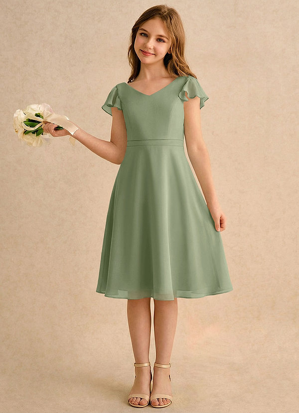 Azazie Narin Girls Formal Flower Girl Dresses Pistachio A-Line with Sleeves Chiffon Dress image1