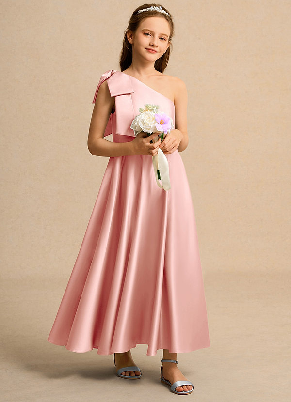 Azazie Guppy Junior Formal Vestidos de Niña de Flores Vestido de Rosetón de Satin Mate de Corte En A con Hombro unilateral image1