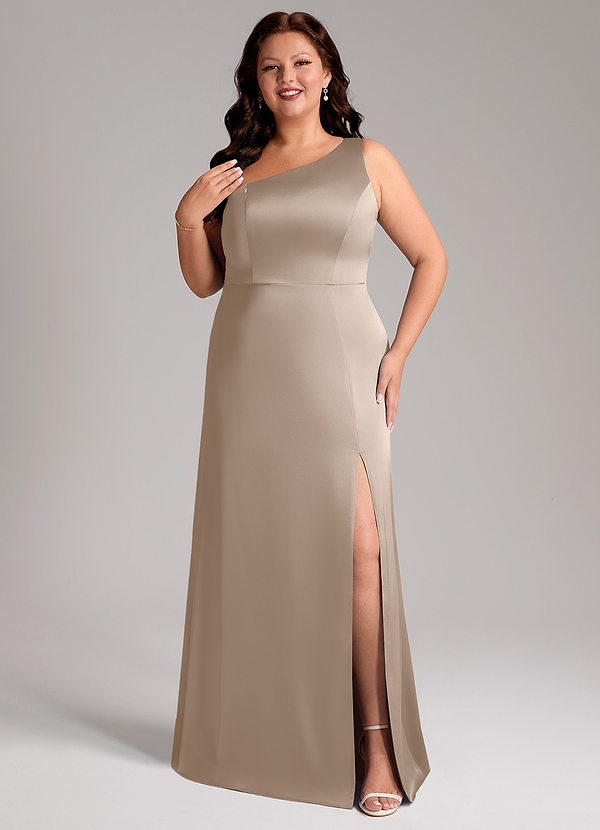 Azazie Phaedra Bruidsmeisjesjurken Jurk van Stretch Satijn met A-lijn One-shoulder Taupe image1