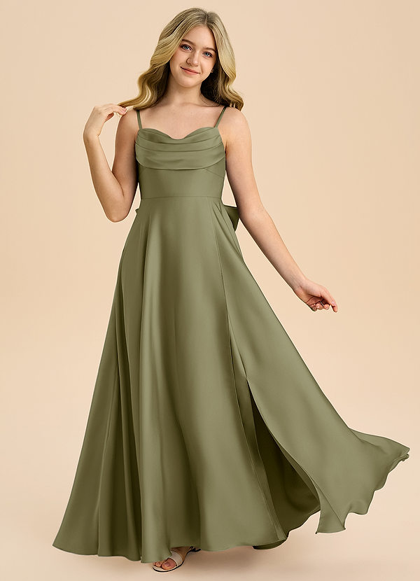 Azazie Bear Junior Vestido de Pistacho de Satén Elástico de Corte en A con Escote de Corazón image1