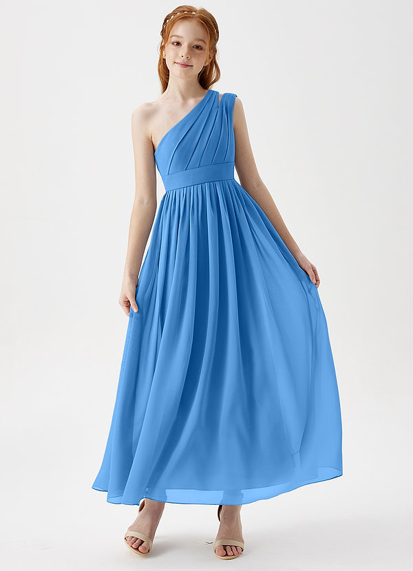 Azazie Anissa Junior Abito A-Line in Chiffon Plissettato Blue Jay image1