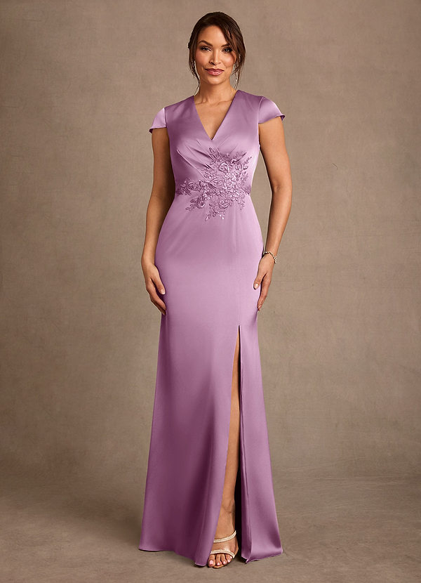 Azazie Rilda 신부의 어머니 드레스 쉬스 레이스 스트레치 새틴 플로어 길이 드레스 image1