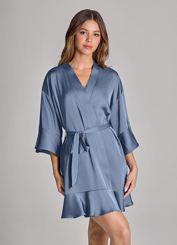 Dusty Blue Matching Color Ruffled Satin Robe Robes | Azazie