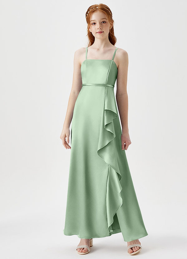 Azazie Kaylee Junior A-Linie Gürtel/Schärpe Metallischer Satin Kleid Matcha image1