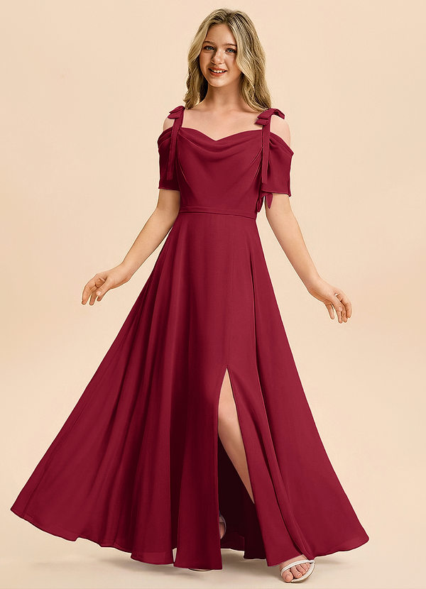 Azazie Giselle Junior Jurk van Chiffon met A-Lijn Off the Shoulder Bourgondië image1