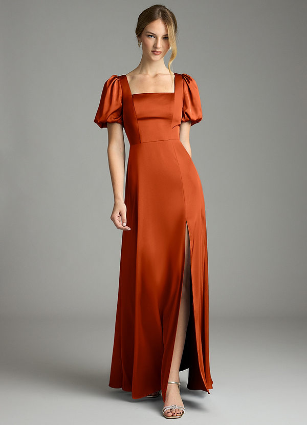 Azazie Fyona Bruidsmeisjes Jurken Jurk van Stretch Satijn met A-Lijn Geplooid Paprika image1