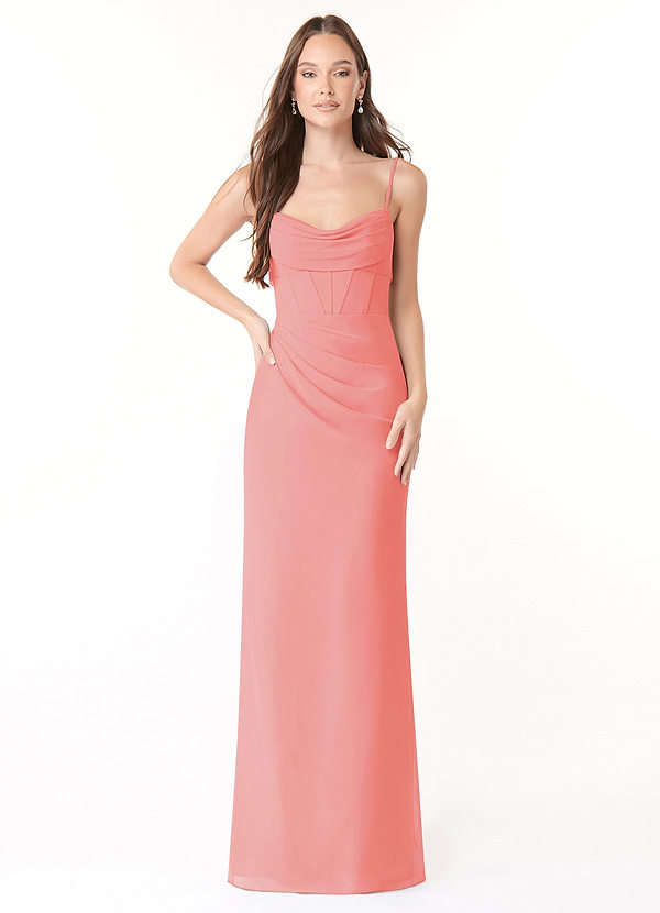 Azazie Mai Bridesmaid Dresses Coral Sheath Pleated Chiffon Dress image1