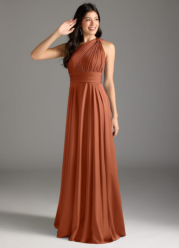 Azazie Charlize Bridesmaid Dresses Cedar Rose A-Line One Shoulder Stretch Satin Dress image1