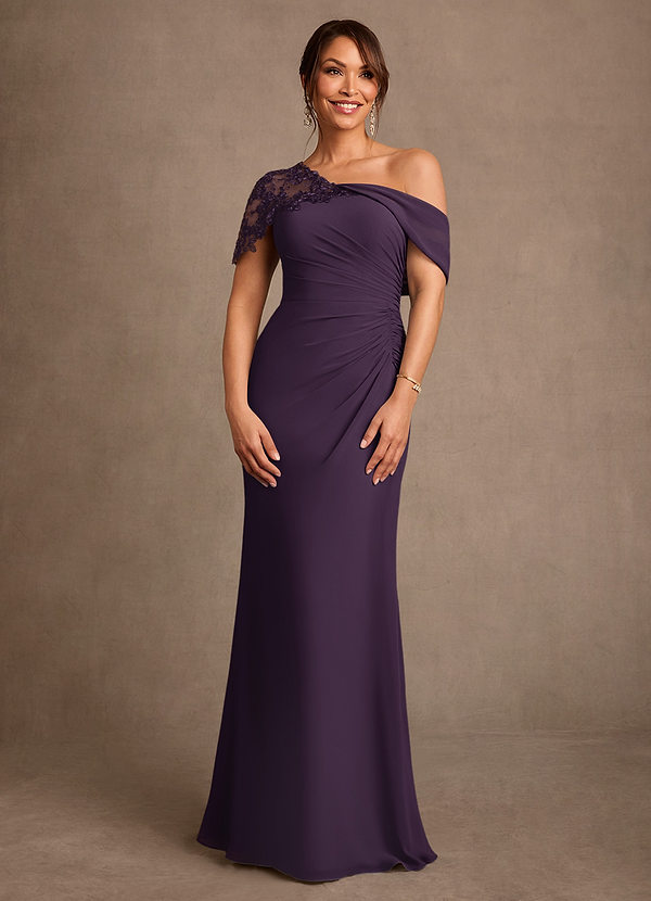 Azazie Sally Vestidos de Madre de la Novia Vestido de Ciruela de Gasa de Corte Recto con Encaje image1