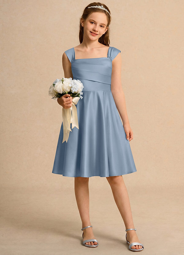 Azazie Budle Girls Formal Flower Girl Dresses Dusty Blue A-Line Pleated Matte Satin Dress image1