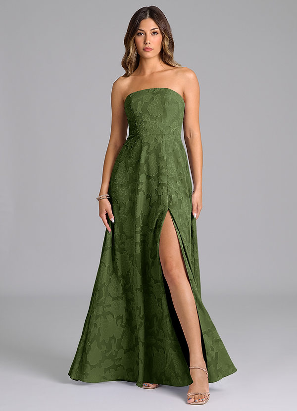 Azazie Wren Abiti da Damigella Abito A-Line in Burnout Floreale Senza Cinturino Oliva image1