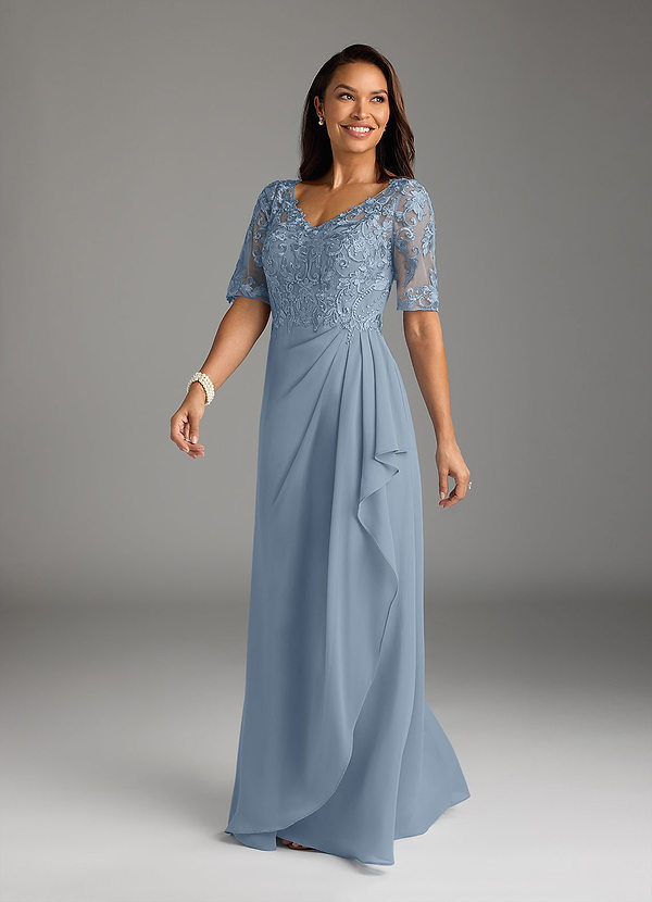 Azazie Amedeus Mother of the Brides Dresses Dusty Blue A-Line V-Neck Lace Chiffon Dress image1
