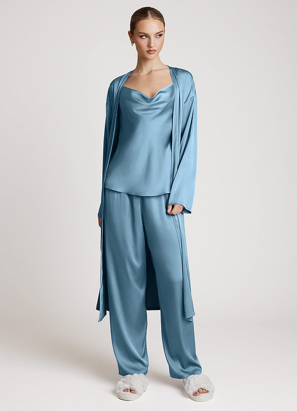 front Steel Blue Satin Long Sleeves 3-Piece Loungewear Set