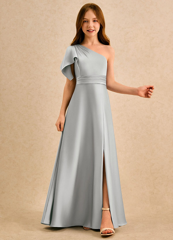 Azazie Jazzy Girls Formal Flower Girl Dresses Silver A-Line One Shoulder Stretch Satin Dress image1