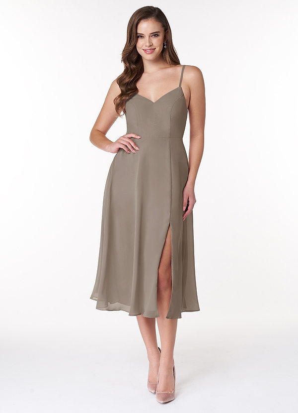 Azazie Clarissa Bridesmaid Dresses Taupe A-Line V-Neck Chiffon Dress image1