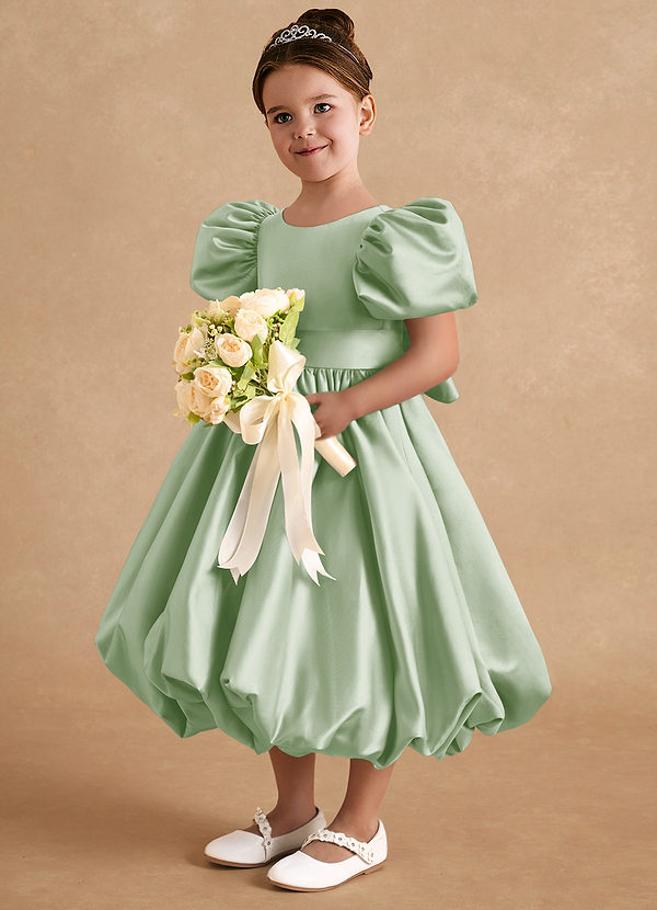 Azazie Jellybean Flower Girl Dresses Dusty Sage Ball-Gown Ruched Matte Satin Dress image1