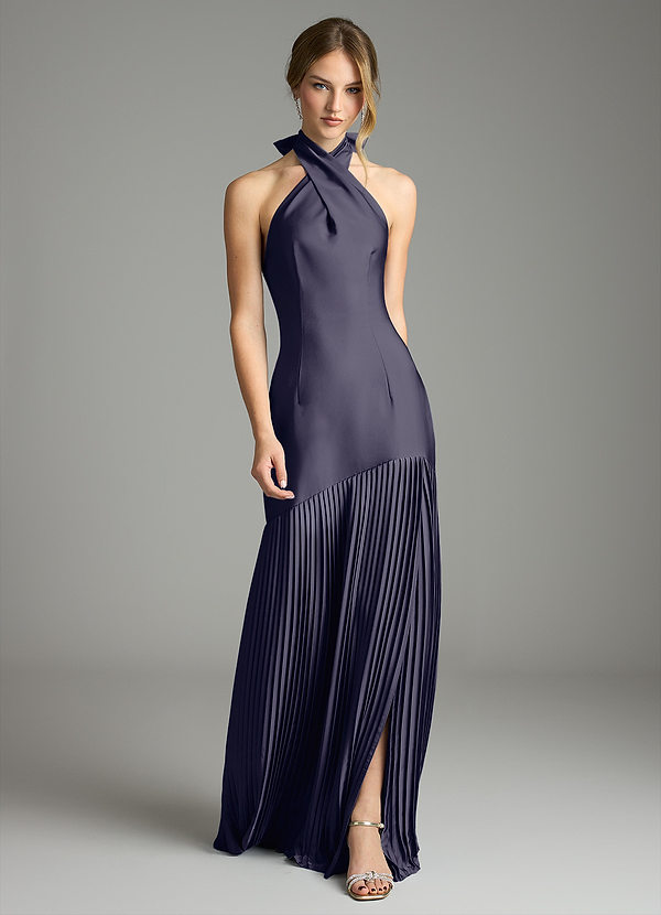 Azazie Nayeli Bruidsmeisjes Jurken Jurk van Stretch Satijn met A-Lijn Geplooid Stormachtig image1