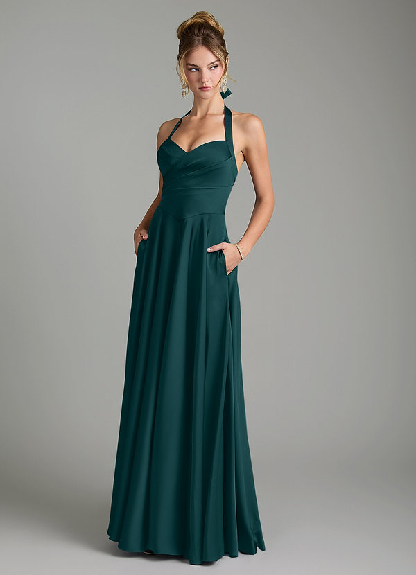 Azazie Tenaya Bridesmaid Dresses Pine A-Line Sweetheart Neckline Stretch Satin Dress image1