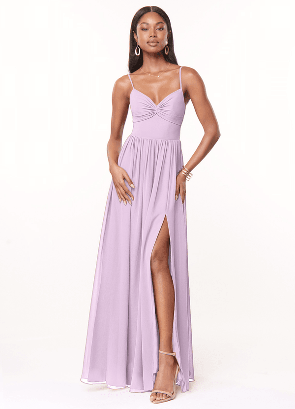 Azazie Zeya Bridesmaid Dresses Frosted Lilac A-Line V-Neck Pleated Chiffon Dress image1