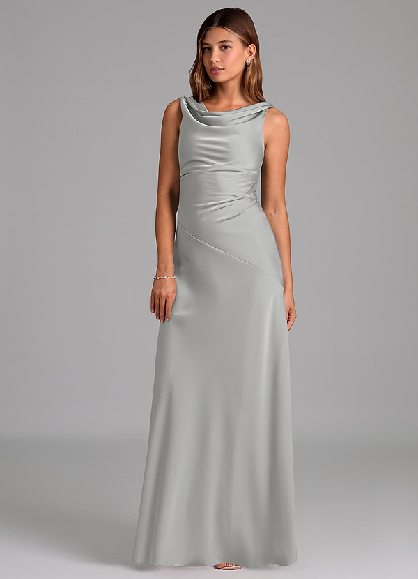 Azazie Nerine 신부 들러리 드레스 A라인 주름진 스트레치 새틴 바닥 길이 드레스 image1