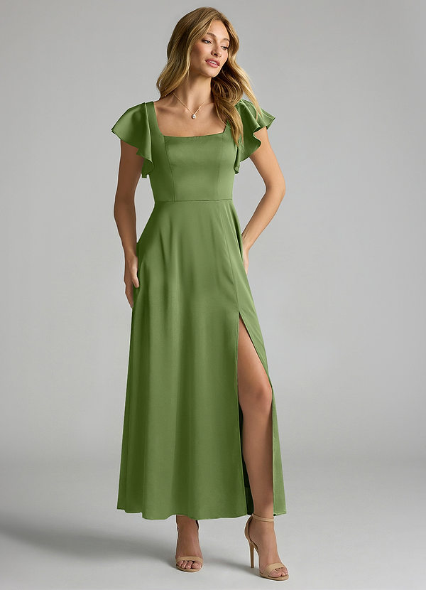 Azazie Bondi Bridesmaid Dresses Juniper A-Line Ruched Stretch Satin Dress image1