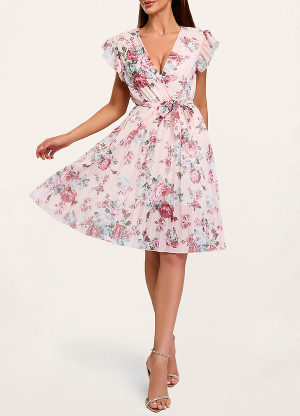 front Cute Romantic Pink Floral Print Pleated Flutter Sleeve Midi Dress