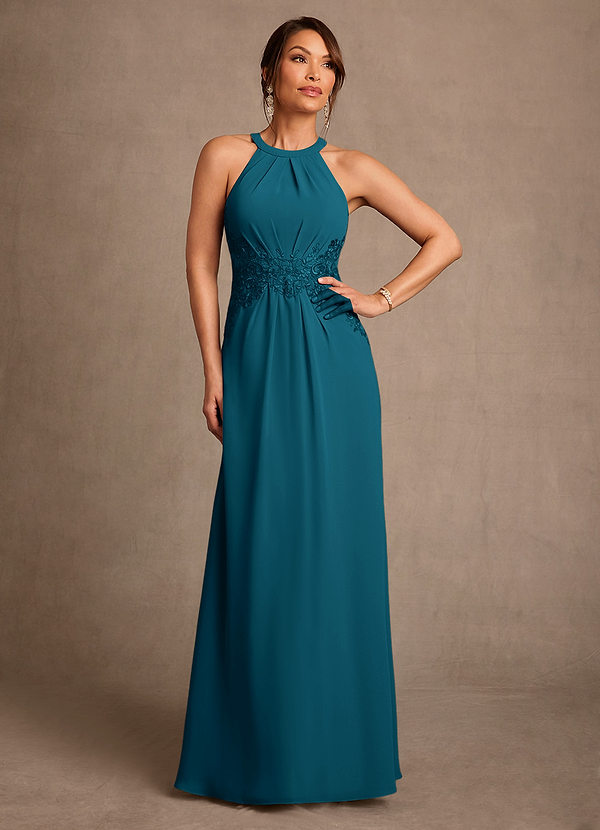 Azazie Georgie Mother of the Bride Dresses Vestido Tinta Azul de Chiffon de Linha A com Renda image1