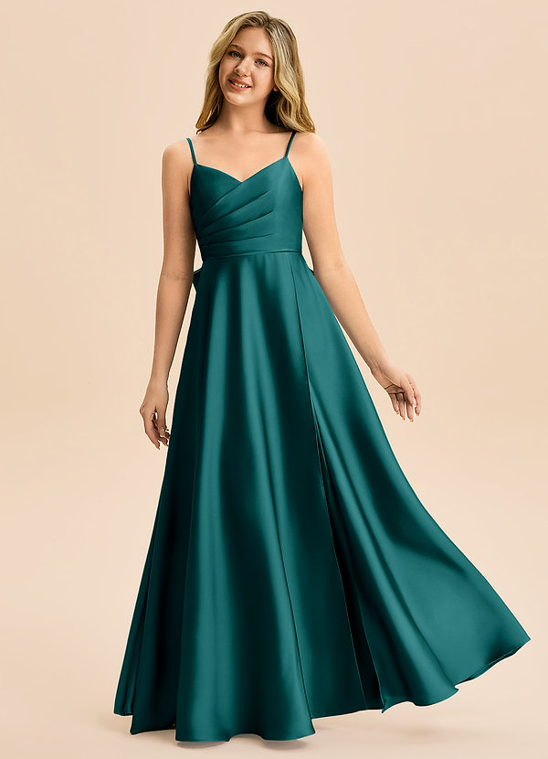 Azazie Rumi Junior A-Line Plisseret Stræk satin Gulv-længde Junior brudepige Kjole image1