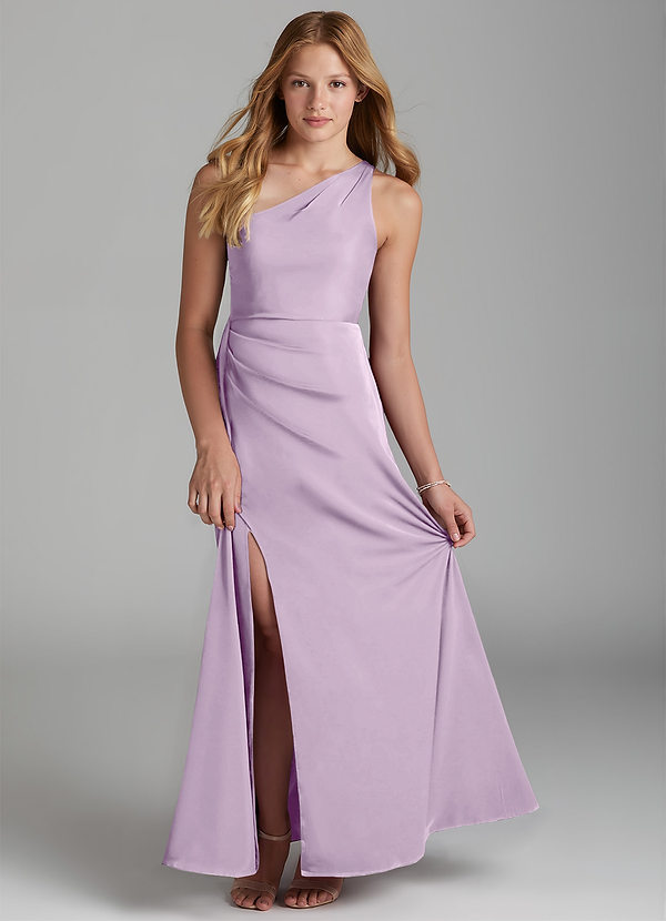 Azazie Maron Junior Linia A Pofałdowany Satyna elastyczna Długość podłogi Młodsza druhna Sukienka image1