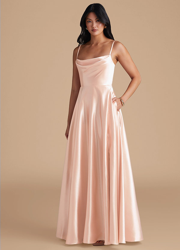 Azazie Elle Bridesmaid Dresses Rose Gold A-Line with Pockets Metallic Satin Dress image1