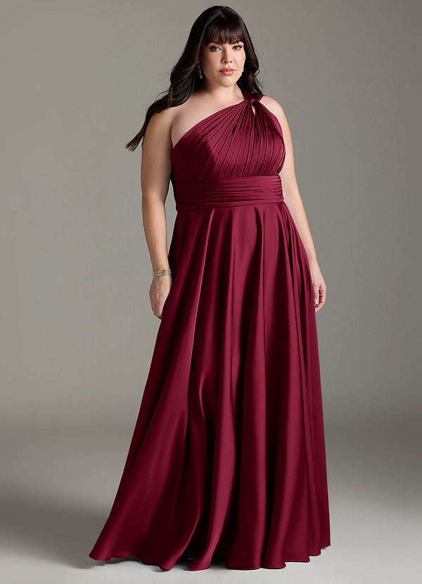 Azazie Charlize Bridesmaid Dresses Burgundy A-Line One Shoulder Stretch Satin Dress image1