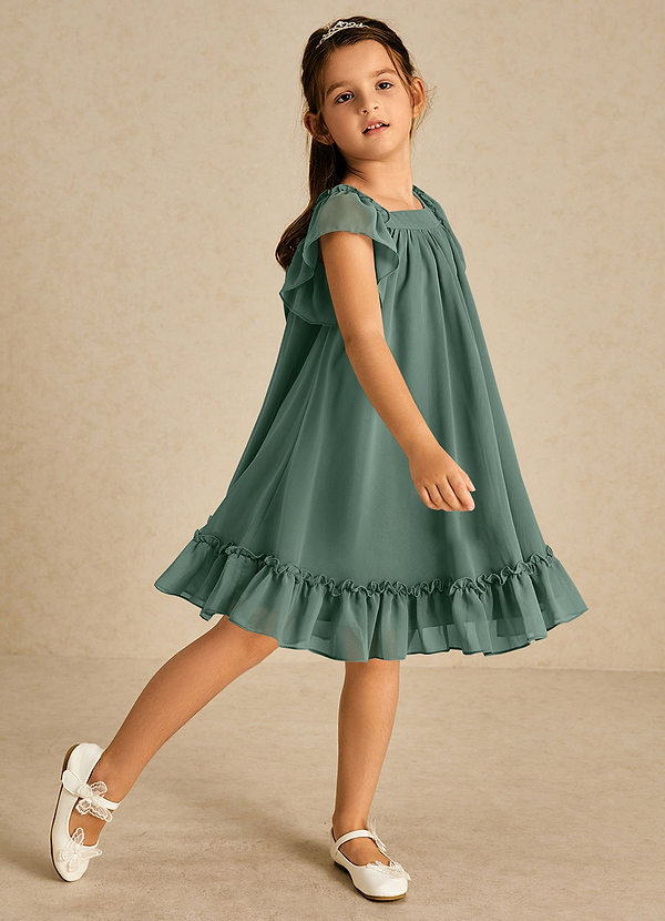 Azazie Tot Abiti da Ragazza di Fiori Abito A-Line in Chiffon Con Maniche Muschio Marino image1