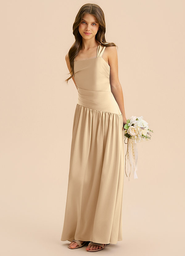 Azazie Dotty Junior A-Linie Plissee Stretch-Satin Kleid Champagner image1