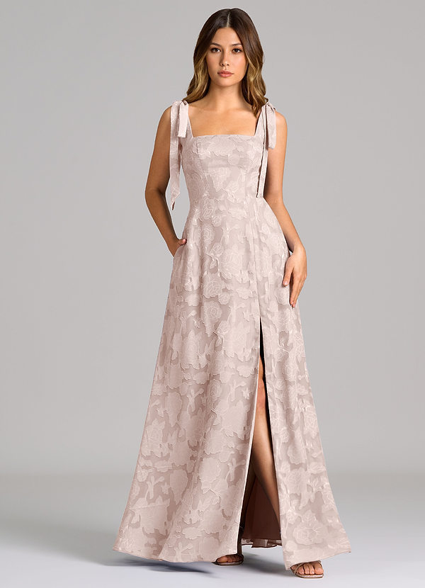 Azazie Debra 신부 들러리 드레스 A라인 포켓이 있는 플로럴 번아웃 바닥 길이 드레스 image1