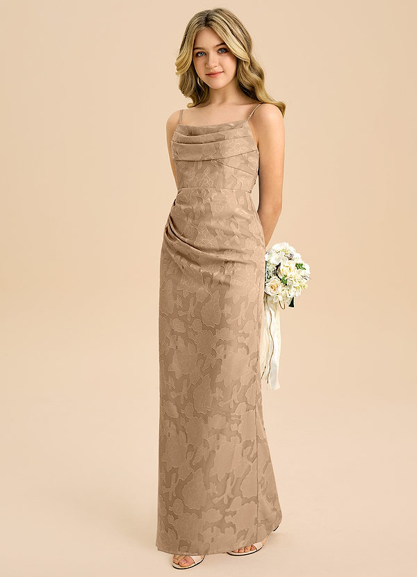 Azazie Mai Junior Etui Plissee Blumen-Burnout Kleid Champagner image1