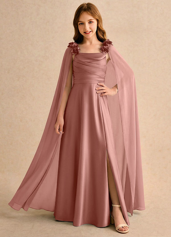 Azazie Rosita Girls Formal Blomsterpigekjoler A-Line Plisseret Stræk satin Gulv-længde Kjole image1