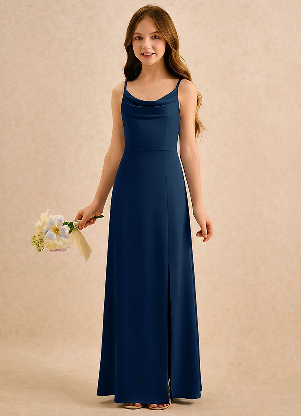 Azazie Shira Girls Formal Bloemenmeisjesjurken A-Lijn Jurk van Stretch Satijn Geplooid Donkere Marine image1
