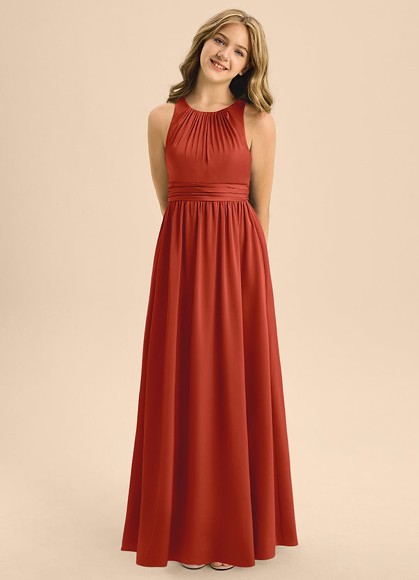 Azazie Jaylah Junior Rust A-Line Pleated Stretch Satin Dress image1