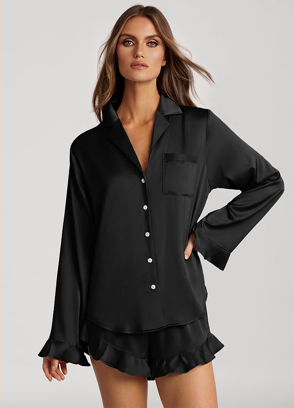 front Black Ruffled Satin Long Sleeve Shorts Pajama Set