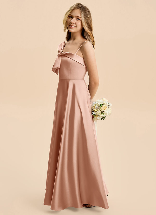 Azazie Aria Junior Vestido de Oro Rosa de Satén Elástico de Corte en A con Plisado image1