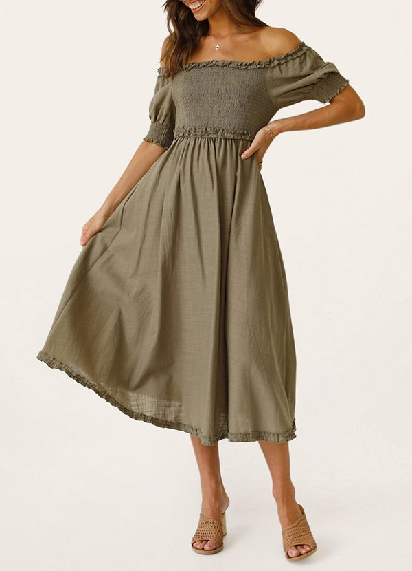 front Felton Grey Off-The-Shoulder Smocked Midi Dress