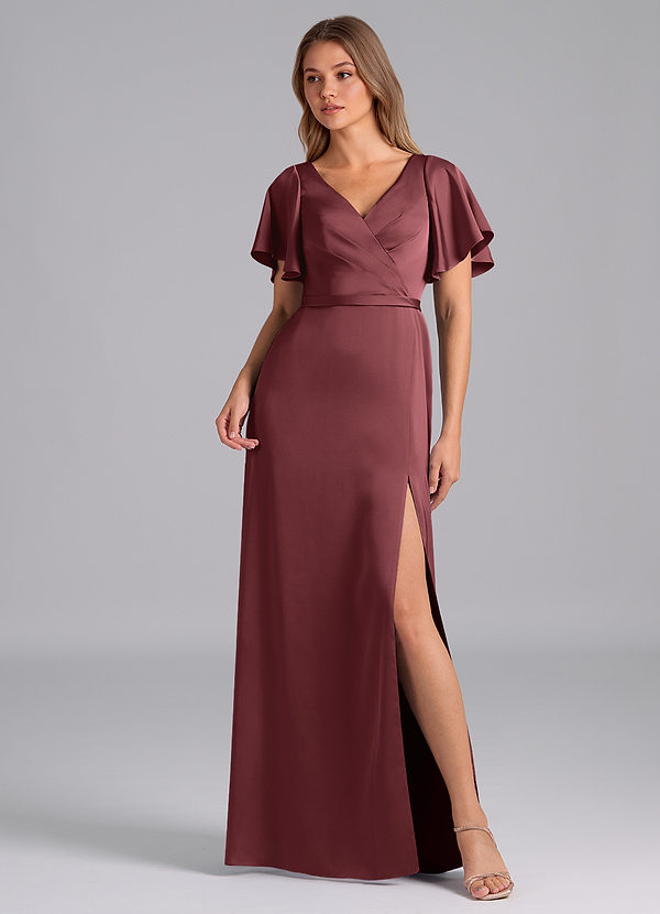 Azazie Ambrosia Bridesmaid Dresses Merlot A-Line Pleated Stretch Satin Dress image1