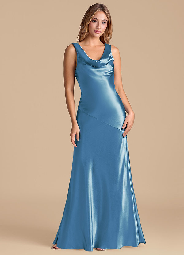 Azazie Rylina 신부 들러리 드레스 인어 메탈릭 새틴 바닥 길이 드레스 image1