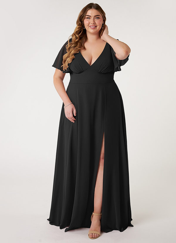 Azazie Kimber Bridesmaid Dresses Black Flowy Flounce Sleeve Chiffon Dress image1