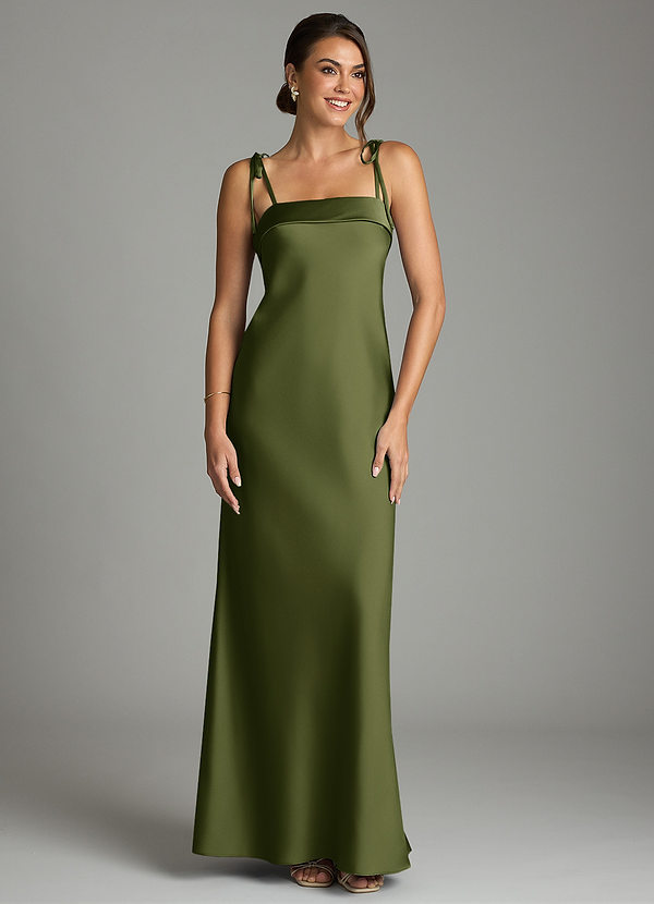 Azazie Ellia Bridesmaid Dresses Olive Sheath Bow Stretch Satin Dress image1