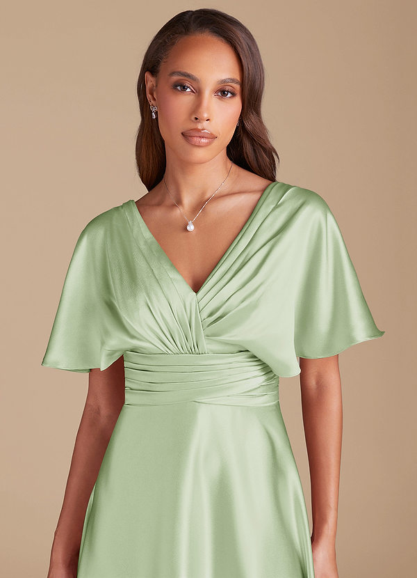 Azazie Pamela Robes Demoiselle d'honneur Robe Trapèze en Satiné métallisé Plissée Vert Sauge image1