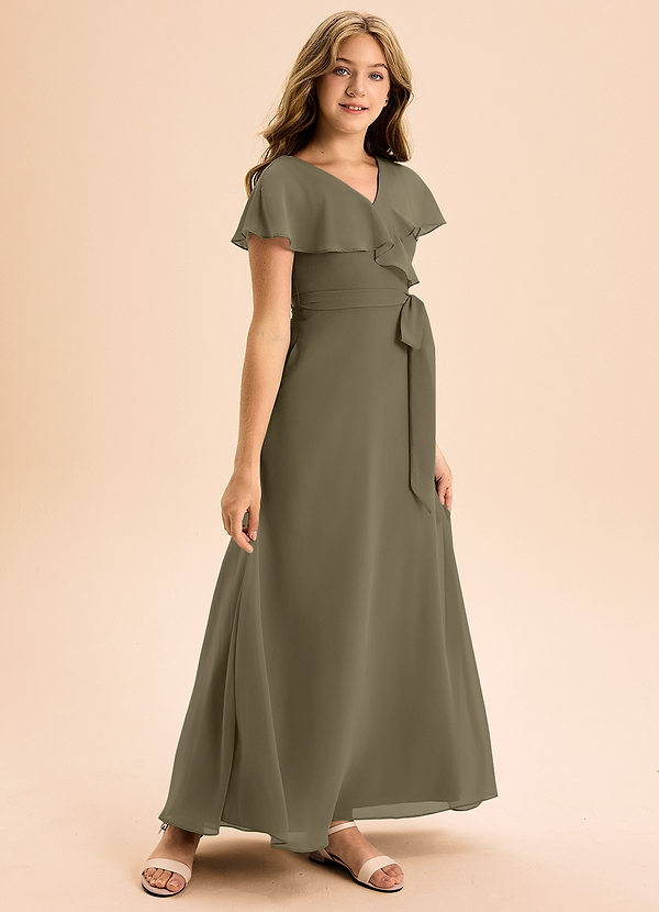 Azazie Lainey Junior Vestido de Verde Sauce de Gasa de Corte En A con Con bolsillos image1