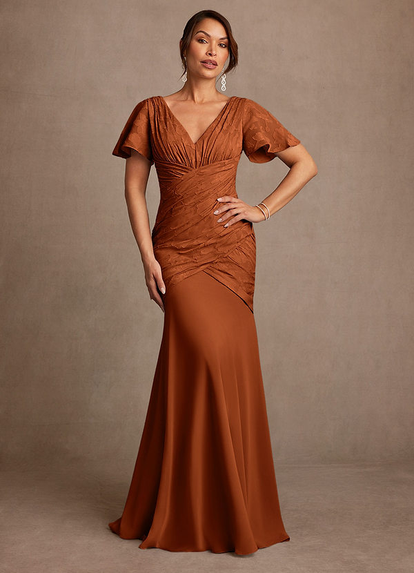 Azazie Jolene Mother of the Brides Dresses Burnt Orange Mermaid Pleated Floral Burnout Dress image1